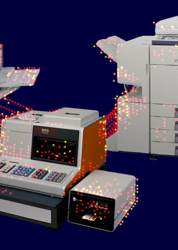 Collection of images of different Sharp products throughout time 